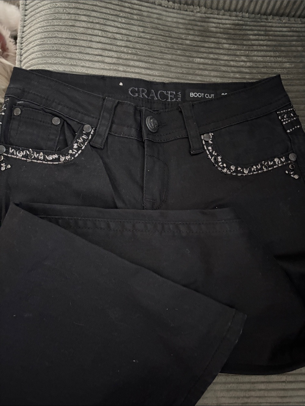 Grace Black Bootcut Jeans with Decorative Pocket Trim